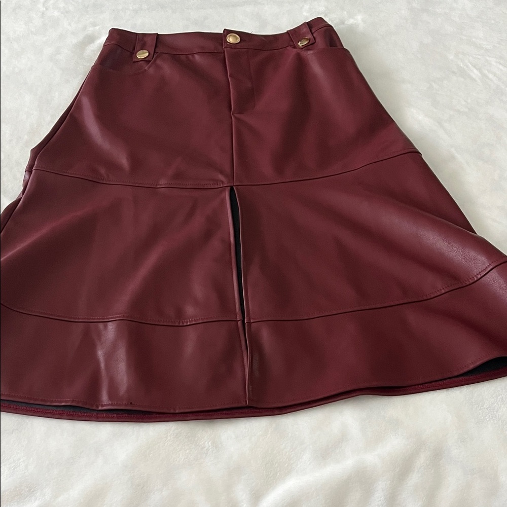 Burgundy Faux Leather A-Line Skirt with Front Slit
